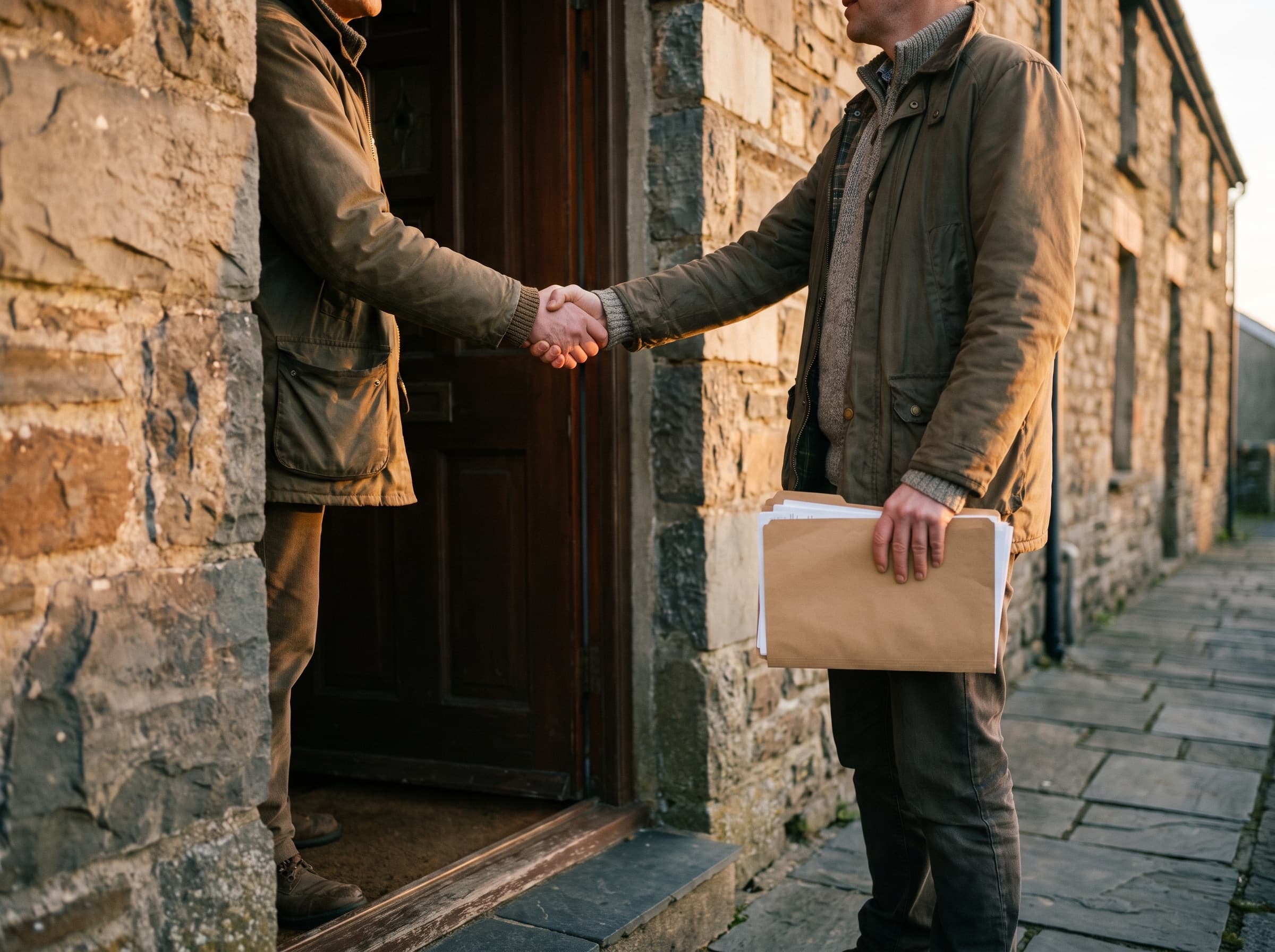 A handshake on the doorstep of a Welsh terraced home