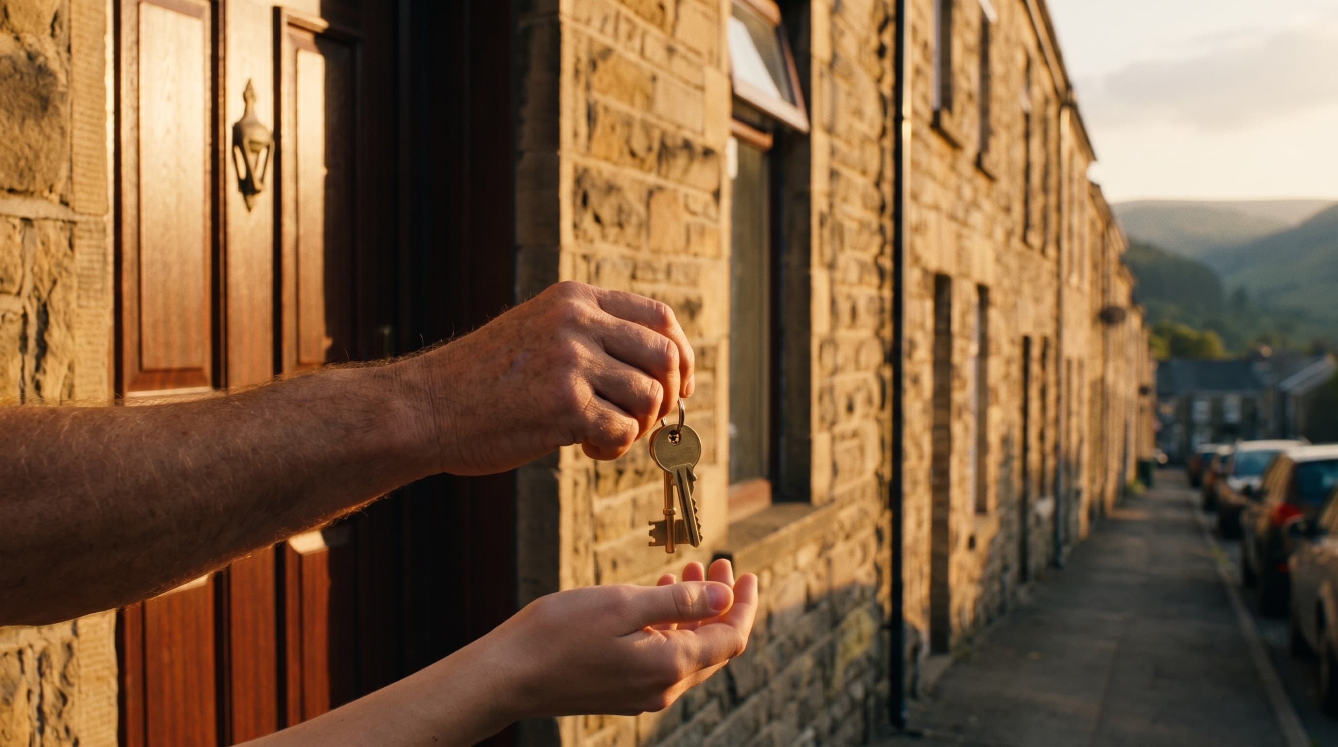 Keys changing hands outside a South Wales terraced home at golden hour