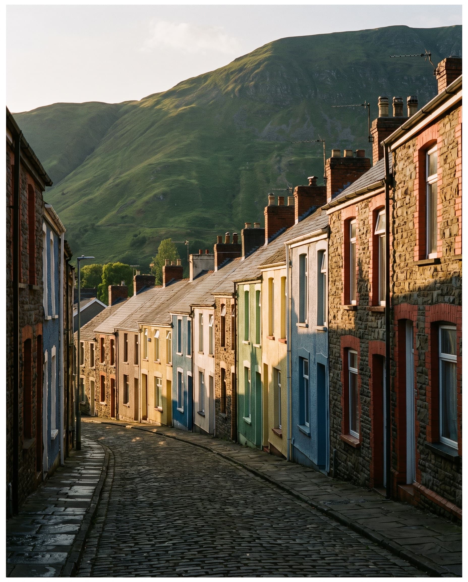 Terraced houses stepping up a South Wales hillside in evening light