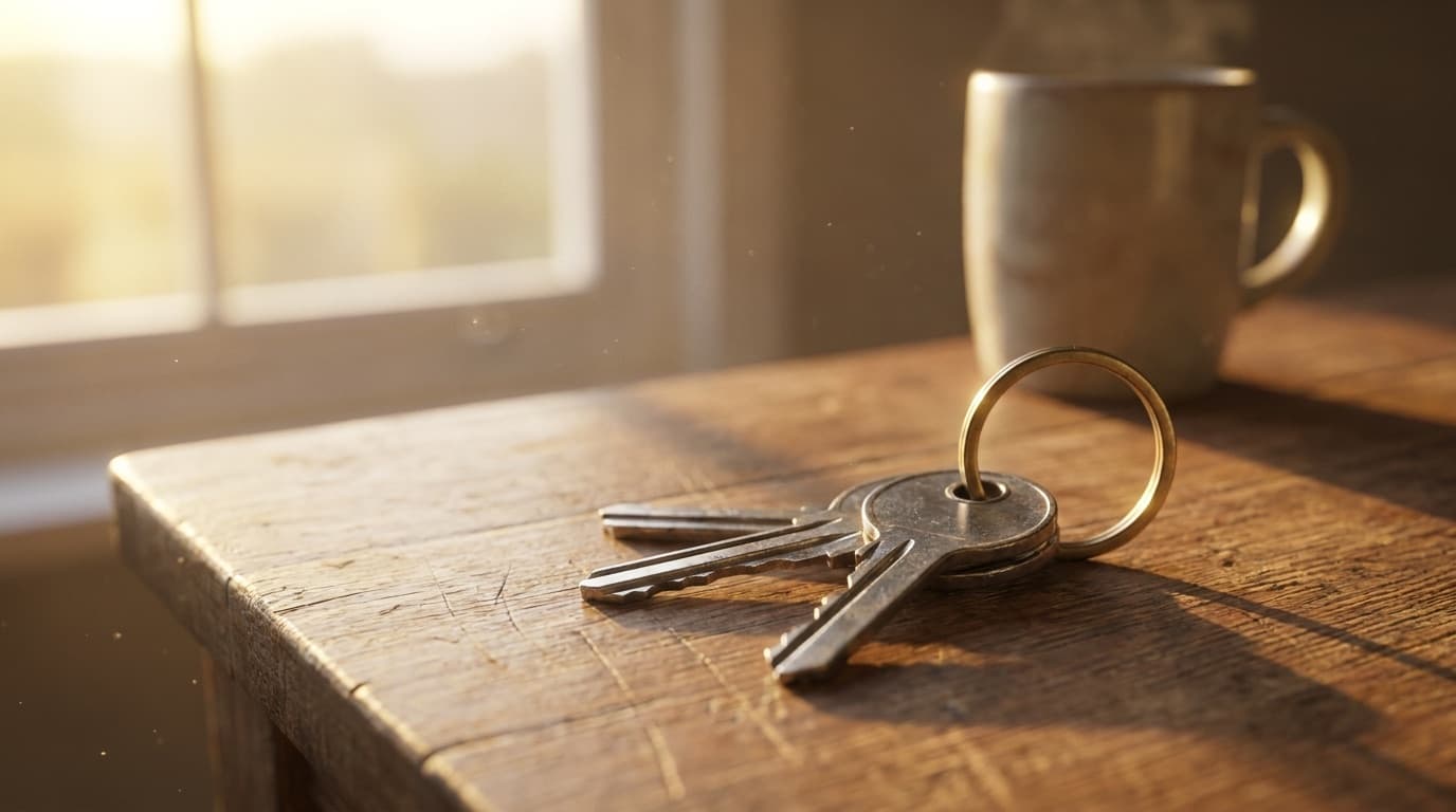 House keys on a kitchen table in warm light