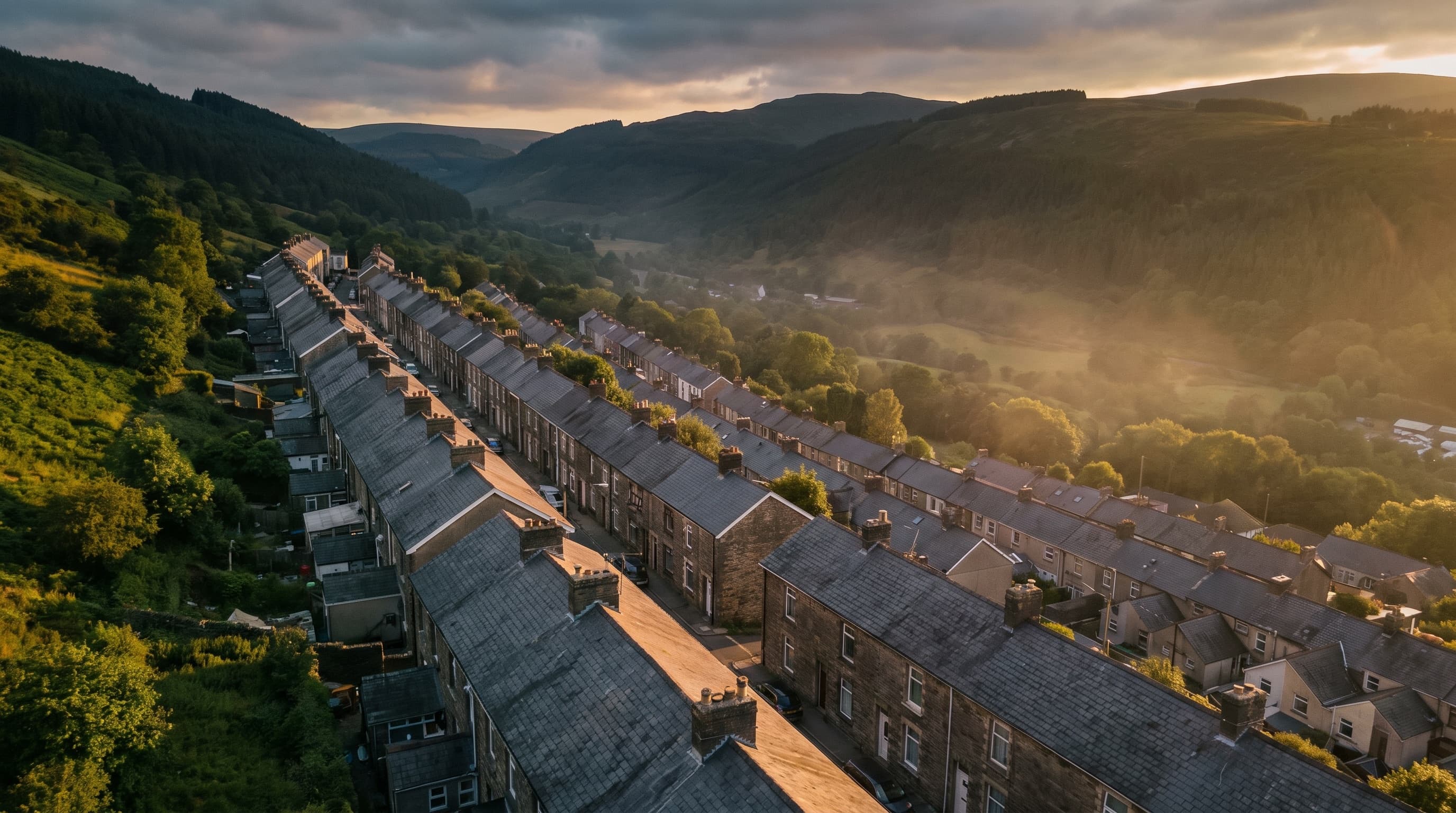 Aerial view of South Wales valley terraces